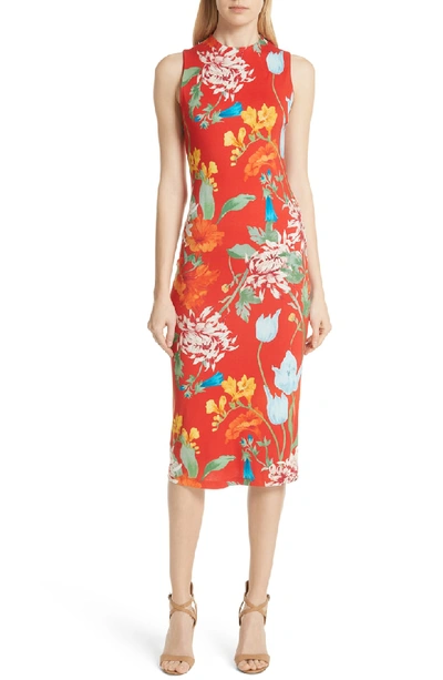 Shop Alice And Olivia Delora Floral Sleeveless Body-con Dress In Greenwich Garden Poppy