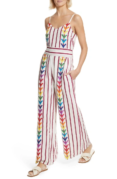 Shop All Things Mochi Lisa Stripe Jumpsuit In Off White/ Burgundy