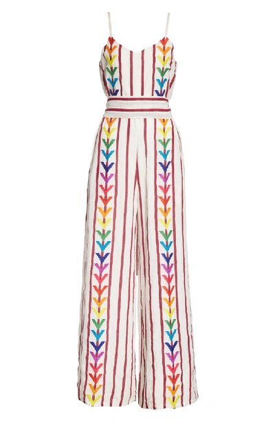 Shop All Things Mochi Lisa Stripe Jumpsuit In Off White/ Burgundy