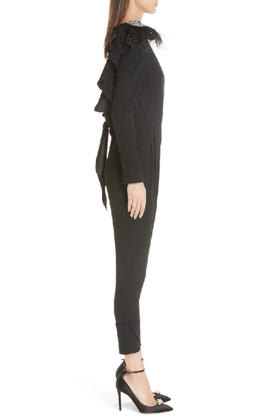 Shop Johanna Ortiz Embellished Shoulder Wool Crepe Jumpsuit In Black Tourmaline