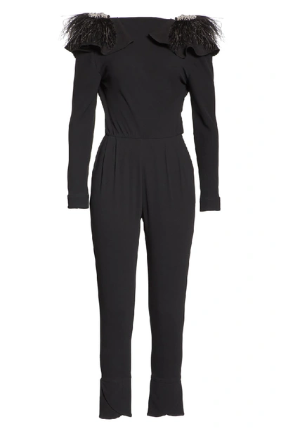Shop Johanna Ortiz Embellished Shoulder Wool Crepe Jumpsuit In Black Tourmaline