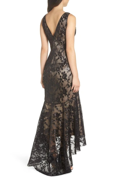 Shop Eliza J Sequin & Lace High/low Trumpet Gown In Black Nude