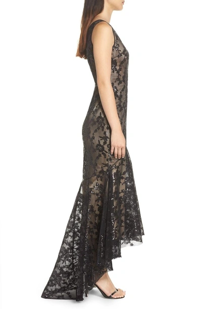 Shop Eliza J Sequin & Lace High/low Trumpet Gown In Black Nude