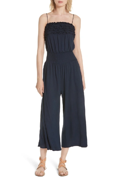 Shop Rebecca Taylor Frill Jersey Crop Jumpsuit In Navy Navy3