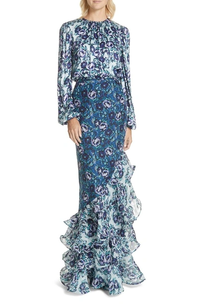 Shop Amur Ira Floral Print Silk Skirt In Azure/ Mint