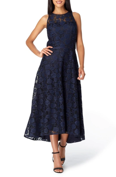 Shop Tahari Floral Embroidery Sleeveless Midi Dress In Black/ Navy Blue