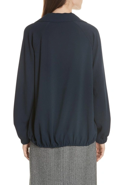 Shop Tibi Savanna Crepe Blouson Split Neck Blouse In Navy