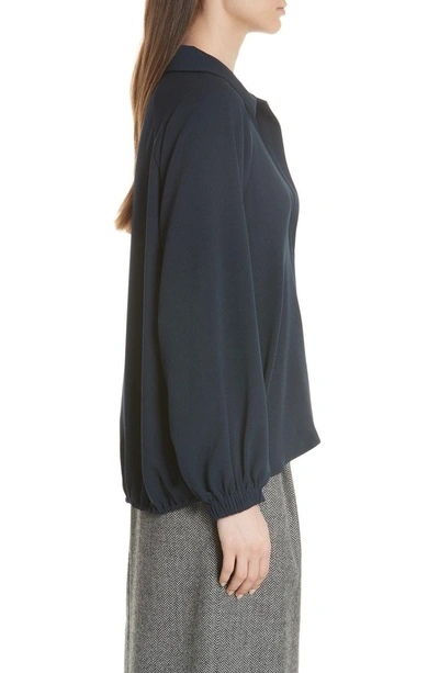 Shop Tibi Savanna Crepe Blouson Split Neck Blouse In Navy