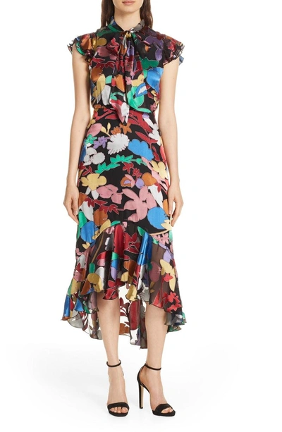 Shop Alice And Olivia Lessie Tie Neck Ruffle Dress In Rainbow Leaf Black