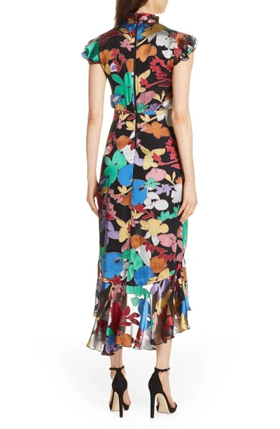 Shop Alice And Olivia Lessie Tie Neck Ruffle Dress In Rainbow Leaf Black