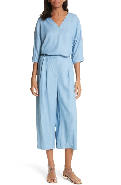 Shop Tibi Draped V-neck Chambray Top In Light Denim