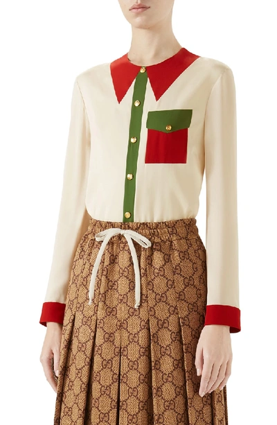 Shop Gucci Trompe L'oeil Silk Shirt In Almond Flower