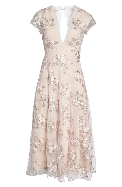 Shop Sau Lee Rosalie Embroidered Midi Dress In Ivory/ Pink