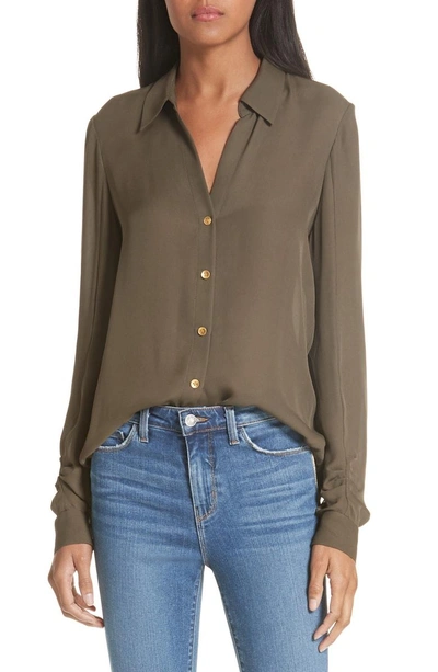 Shop L Agence Fiona Shirred Sleeve Silk Blouse In Dark Olive