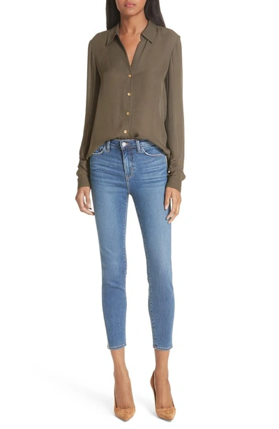 Shop L Agence Fiona Shirred Sleeve Silk Blouse In Dark Olive