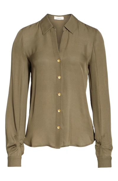 Shop L Agence Fiona Shirred Sleeve Silk Blouse In Dark Olive