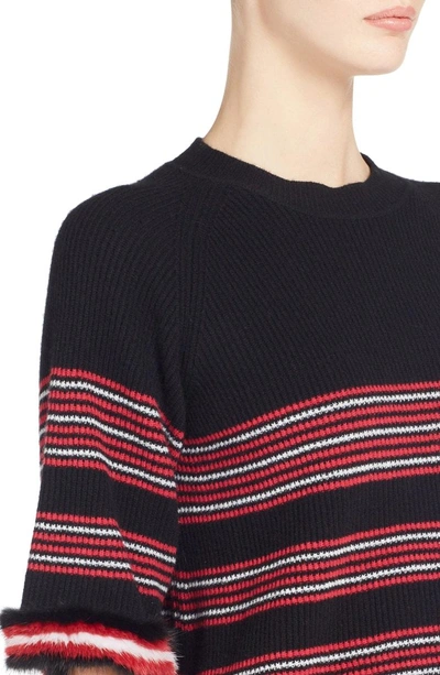Shop Fendi Genuine Mink Fur Trim Stripe Sweater In Black