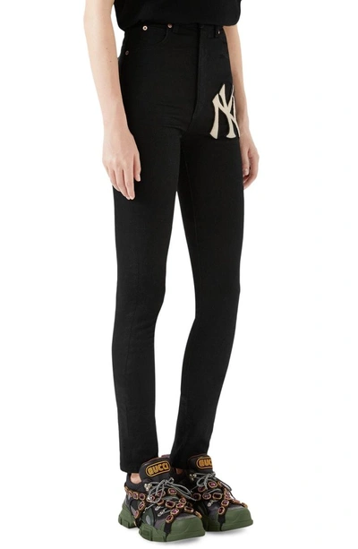 Shop Gucci Ny Patch Skinny Jeans In Black/ Ivory