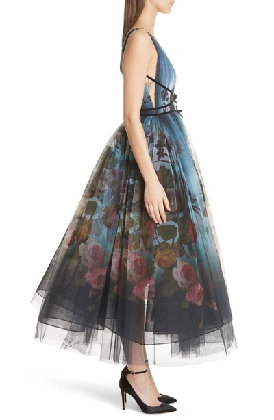 Shop Marchesa Ombre Floral Print Tulle Tea Length Dress In Blue Multi