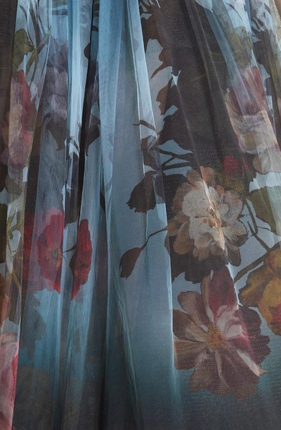 Shop Marchesa Ombre Floral Print Tulle Tea Length Dress In Blue Multi