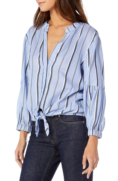 Shop Michael Stars Stripe Shirting Tie Front Cotton Blouse In Stream