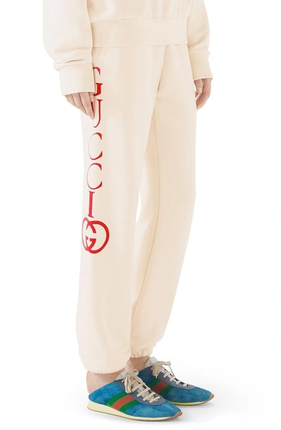Shop Gucci Logo Cotton Sweatpants In Natural/ Live Red