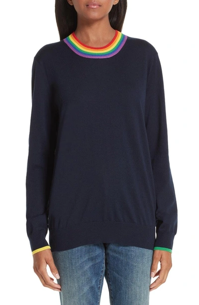 Shop Burberry Dales Rainbow Trim Merino Wool Sweater In Navy