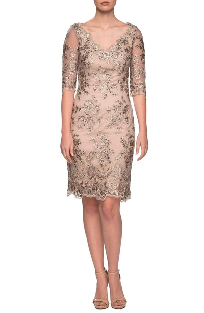 Shop La Femme Embroidered Lace Sheath Dress In Gold/ Nude