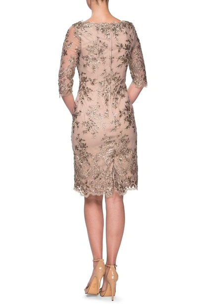Shop La Femme Embroidered Lace Sheath Dress In Gold/ Nude