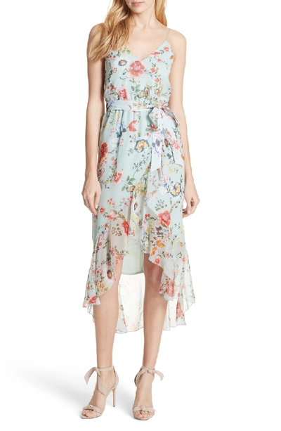 Shop Alice And Olivia Mable Floral Silk Midi Dress In Floral Soiree-dusty Aqua