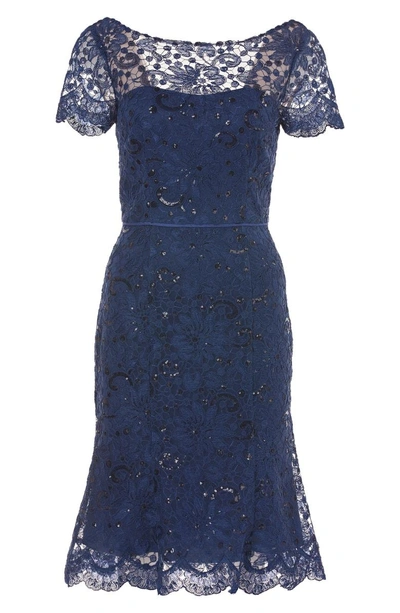 Shop Js Collections Sequin Corded Lace Cocktail Sheath In Midnight