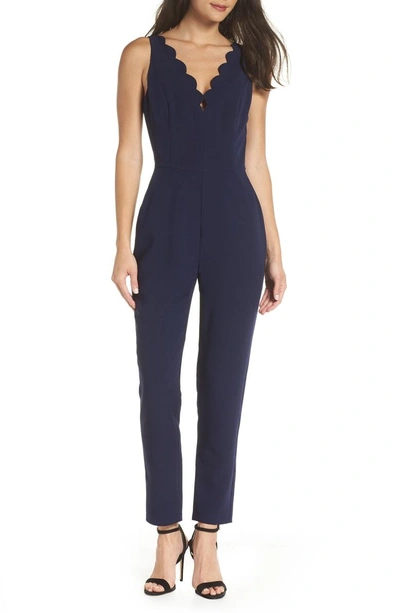 Shop Adelyn Rae Scallop Neck Jumpsuit In Navy