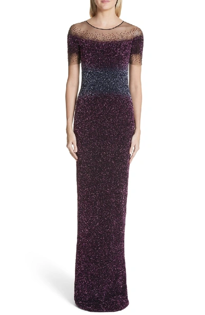 Shop Pamella Roland Beaded Illusion Gown In Amethyst/ Navy Ombre