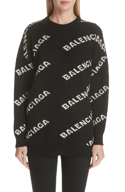 Shop Balenciaga Logo Knit Wool Blend Sweater In Black/ White