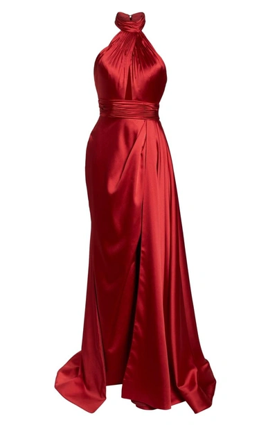 Shop Mac Duggal Crossover Halter Neck Satin Gown In Burgundy