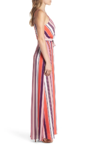 Shop Charles Henry Belted Cami Maxi Dress In Coral/ Blush/ Purple Stripe