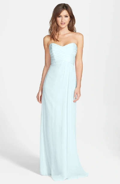 Shop Amsale Strapless Crinkle Chiffon Gown In Ice
