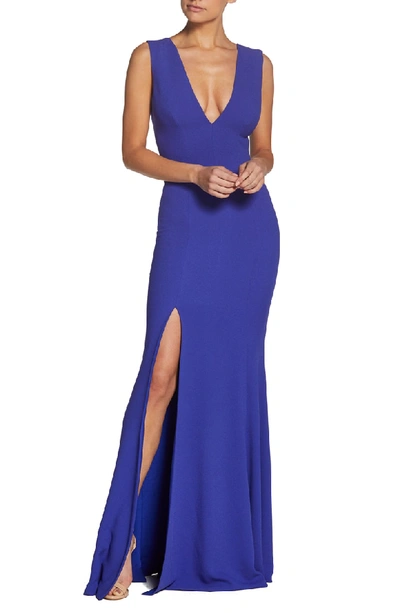 Shop Dress The Population Sandra Plunge Crepe Trumpet Gown In Blue Violet