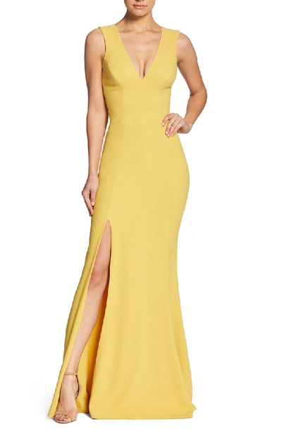 Shop Dress The Population Sandra Plunge Crepe Trumpet Gown In Sunflower