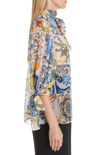 Shop Dolce & Gabbana Tile Print Tie Neck Silk Blouse In Maioliche