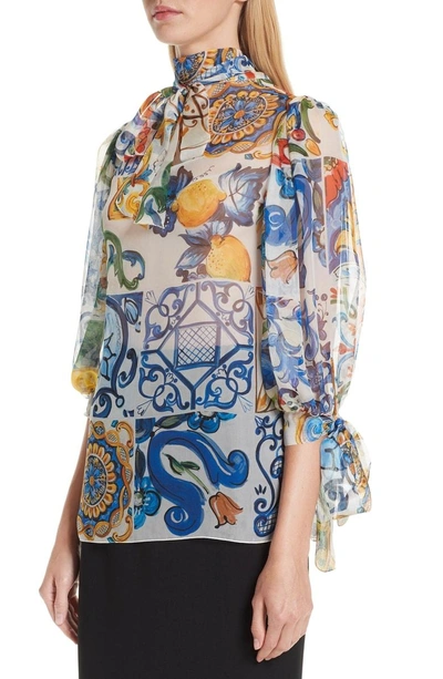 Shop Dolce & Gabbana Tile Print Tie Neck Silk Blouse In Maioliche