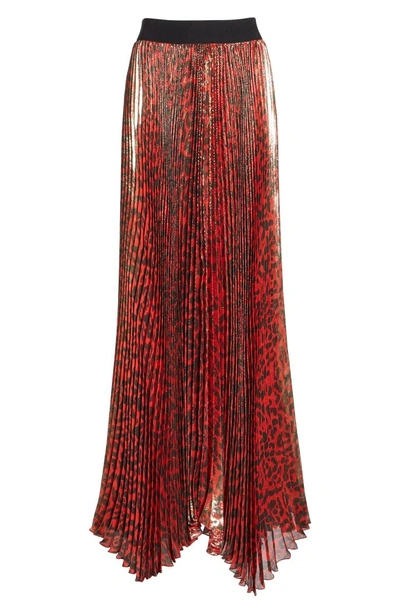 Shop Alice And Olivia Katz Shimmer Pleat Silk Blend Maxi Skirt In Red/ Black