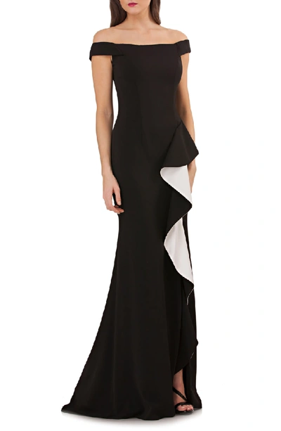 Shop Carmen Marc Valvo Infusion Ruffle Off The Shoulder Gown In Black/ White