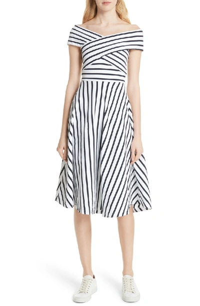 Shop Milly Rivera Off The Shoulder Stripe Stretch Knit Dress In White/ Black