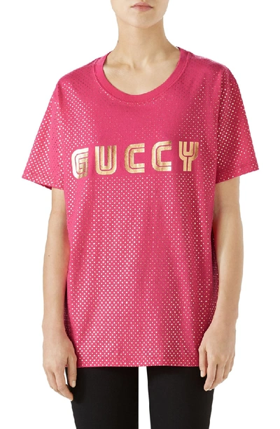 Shop Gucci Metallic Logo Tee In Bright Fuchsia/ Gold