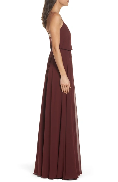 Shop Jenny Yoo Inesse Chiffon V-neck Spaghetti Strap Gown In Hibiscus