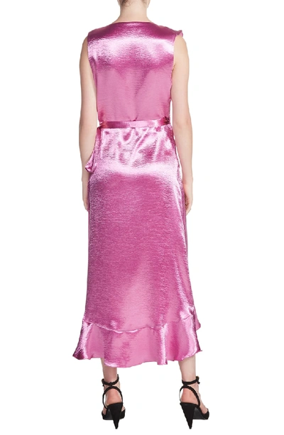 Shop Maje Ripple Ruffle Detail Satin Wrap Dress In Fuchsia