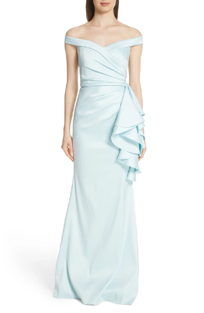 Shop Badgley Mischka Off The Shoulder Ruffle Detail Gown In Ice Blue