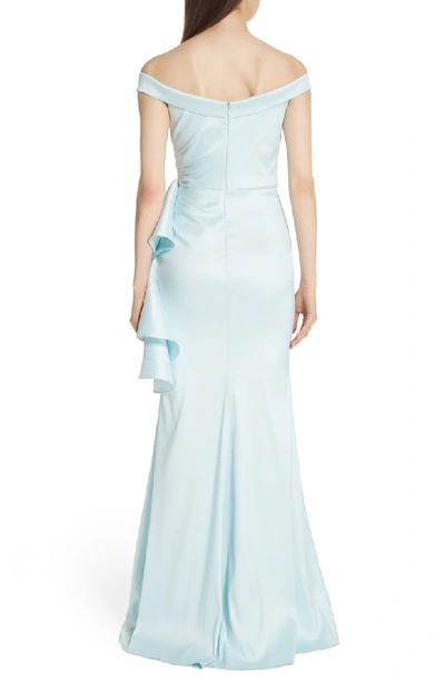 Shop Badgley Mischka Off The Shoulder Ruffle Detail Gown In Ice Blue