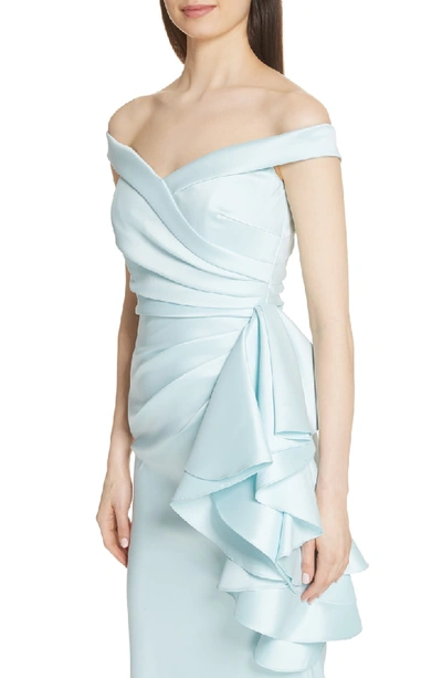 Shop Badgley Mischka Off The Shoulder Ruffle Detail Gown In Ice Blue